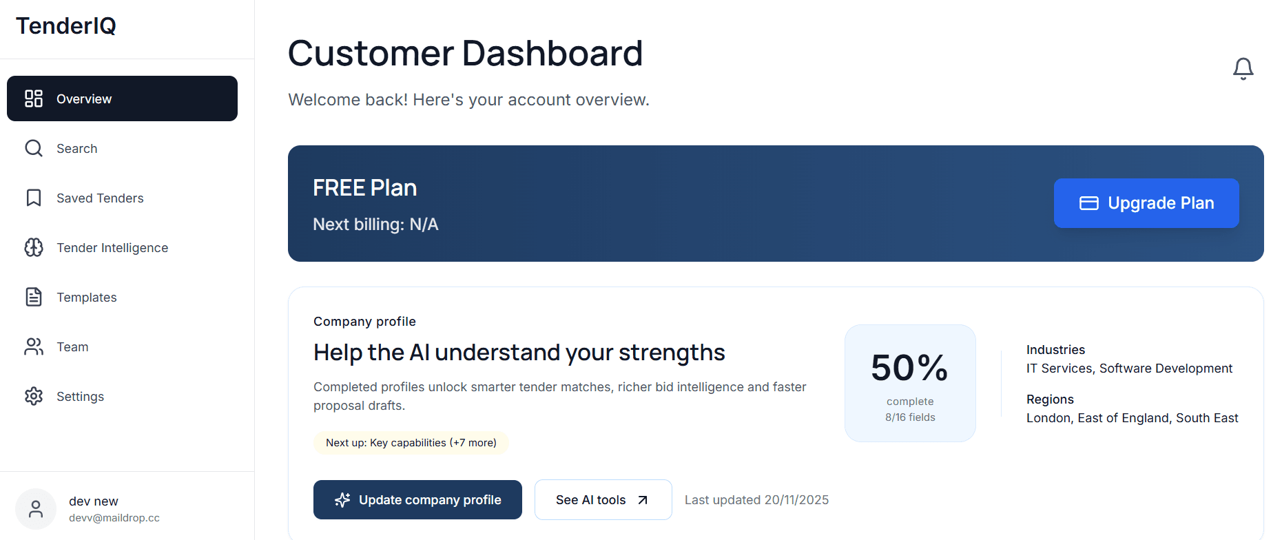 TenderIQ Dashboard Interface